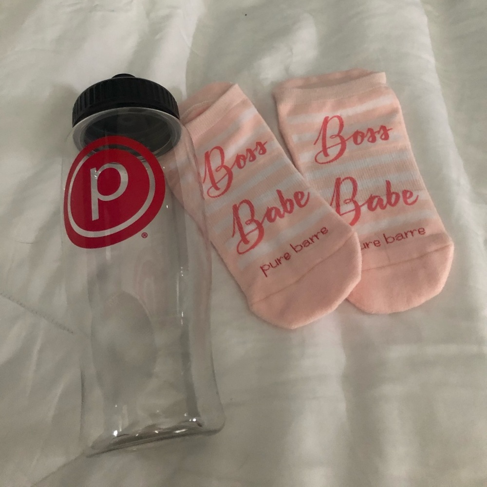 Pure Barre socks and water bottle